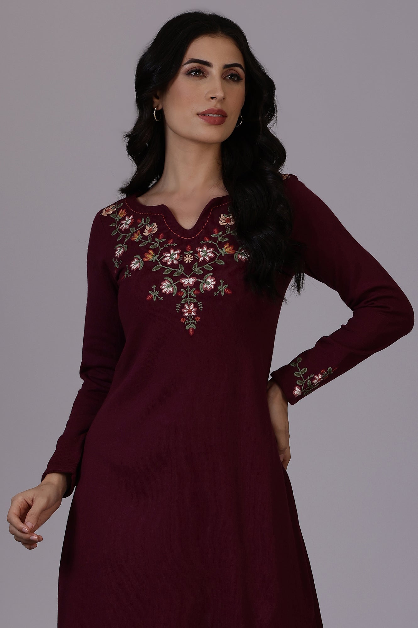 W for Woman Purple Solid Thread Work Acrylic A-Line Kurta