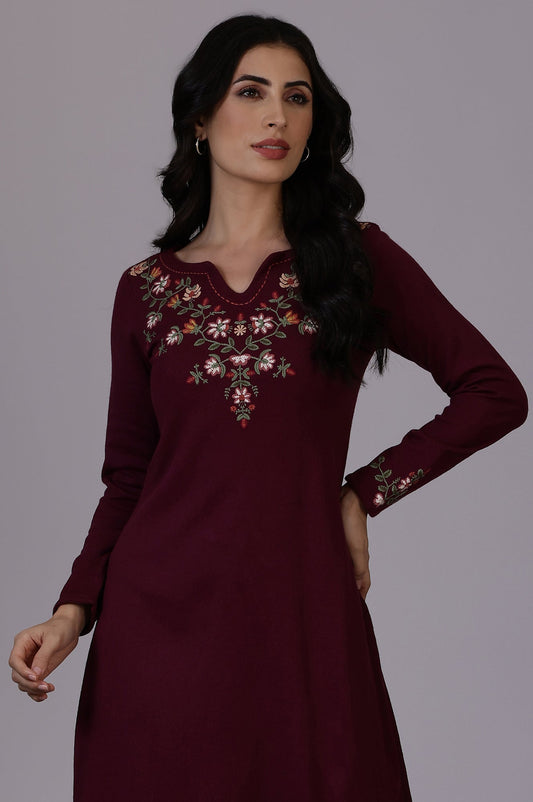 W for Woman Purple Solid Thread Work Acrylic A-Line Kurta