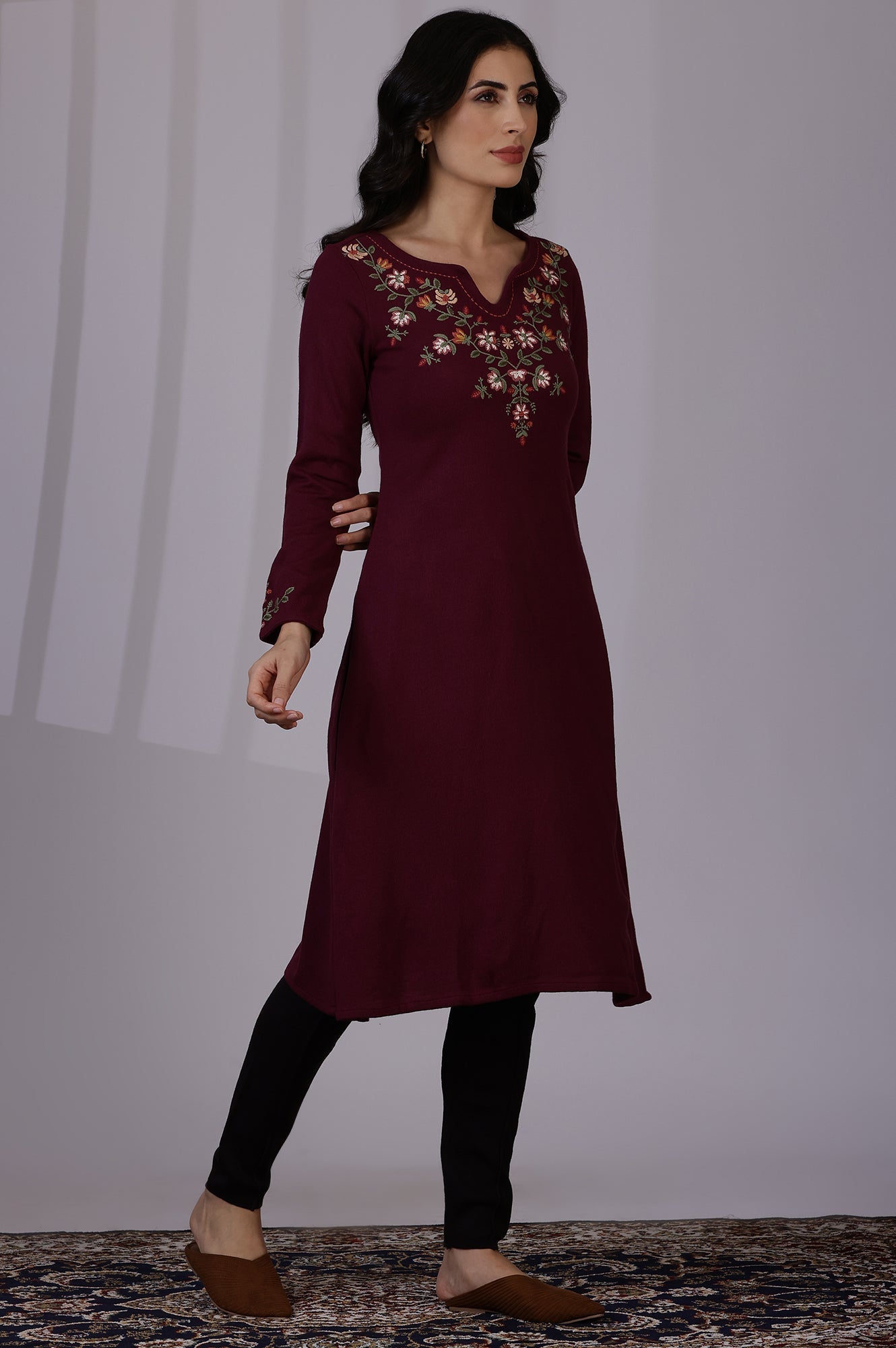 W for Woman Purple Solid Thread Work Acrylic A-Line Kurta