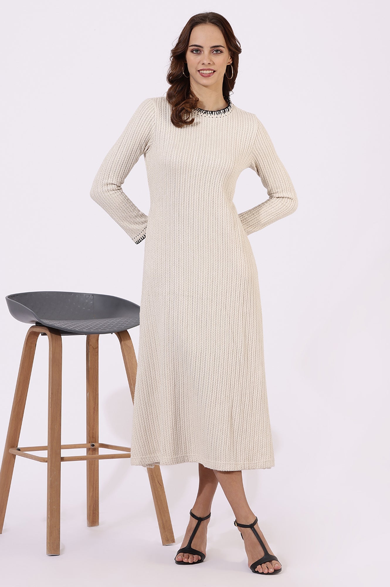 W for Woman White Yarn Dyed Rayon Flarred Dresses