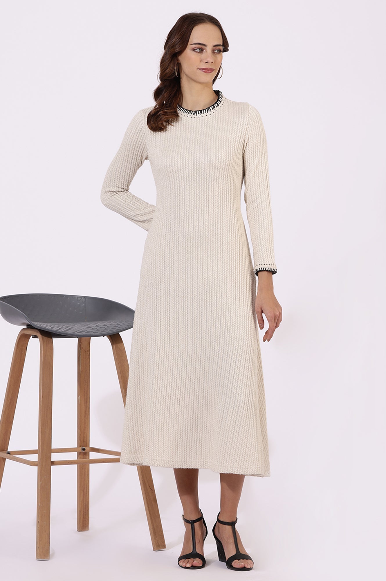 W for Woman White Yarn Dyed Rayon Flarred Dresses