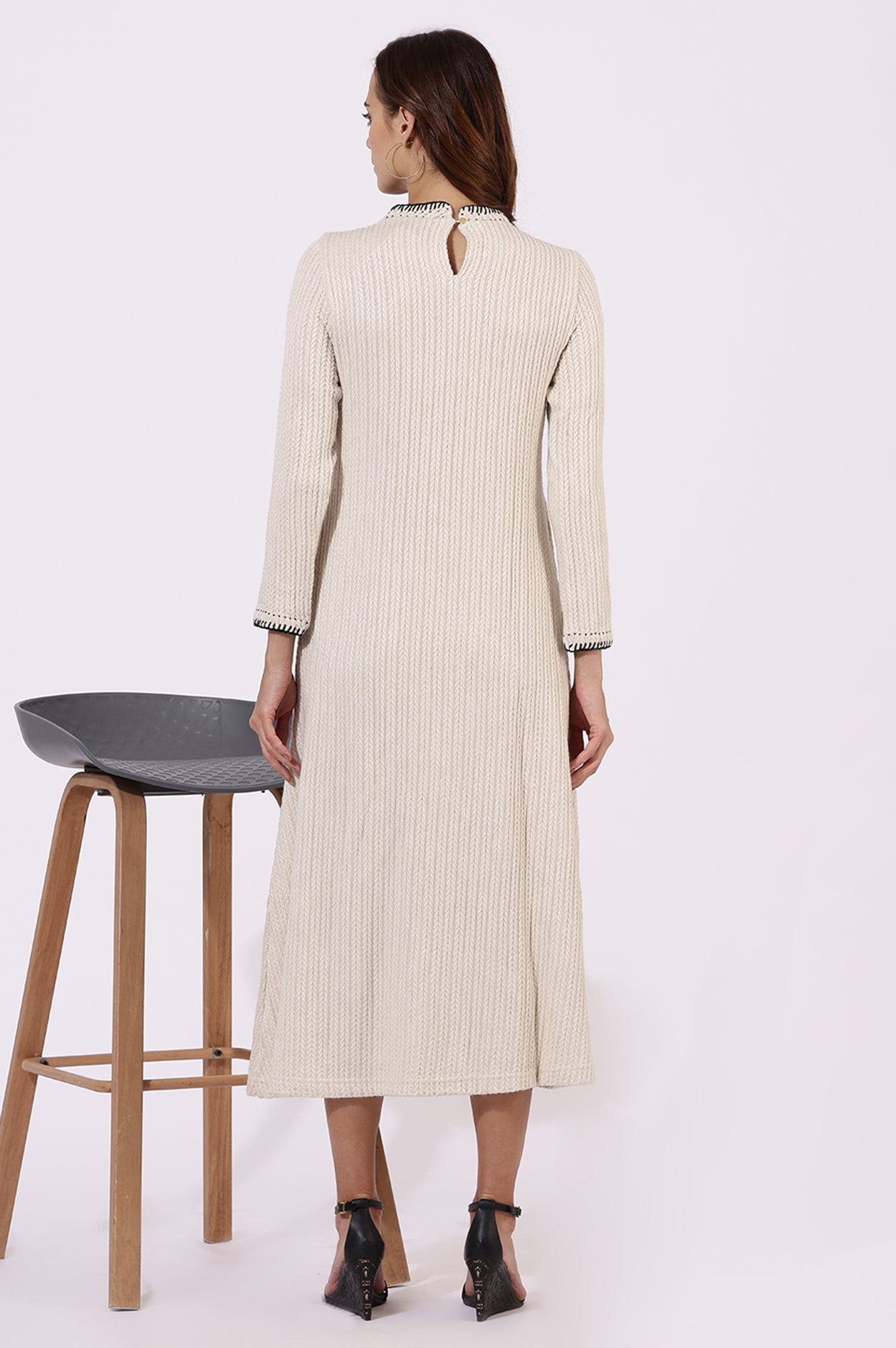 W for Woman White Yarn Dyed Rayon Flarred Dresses