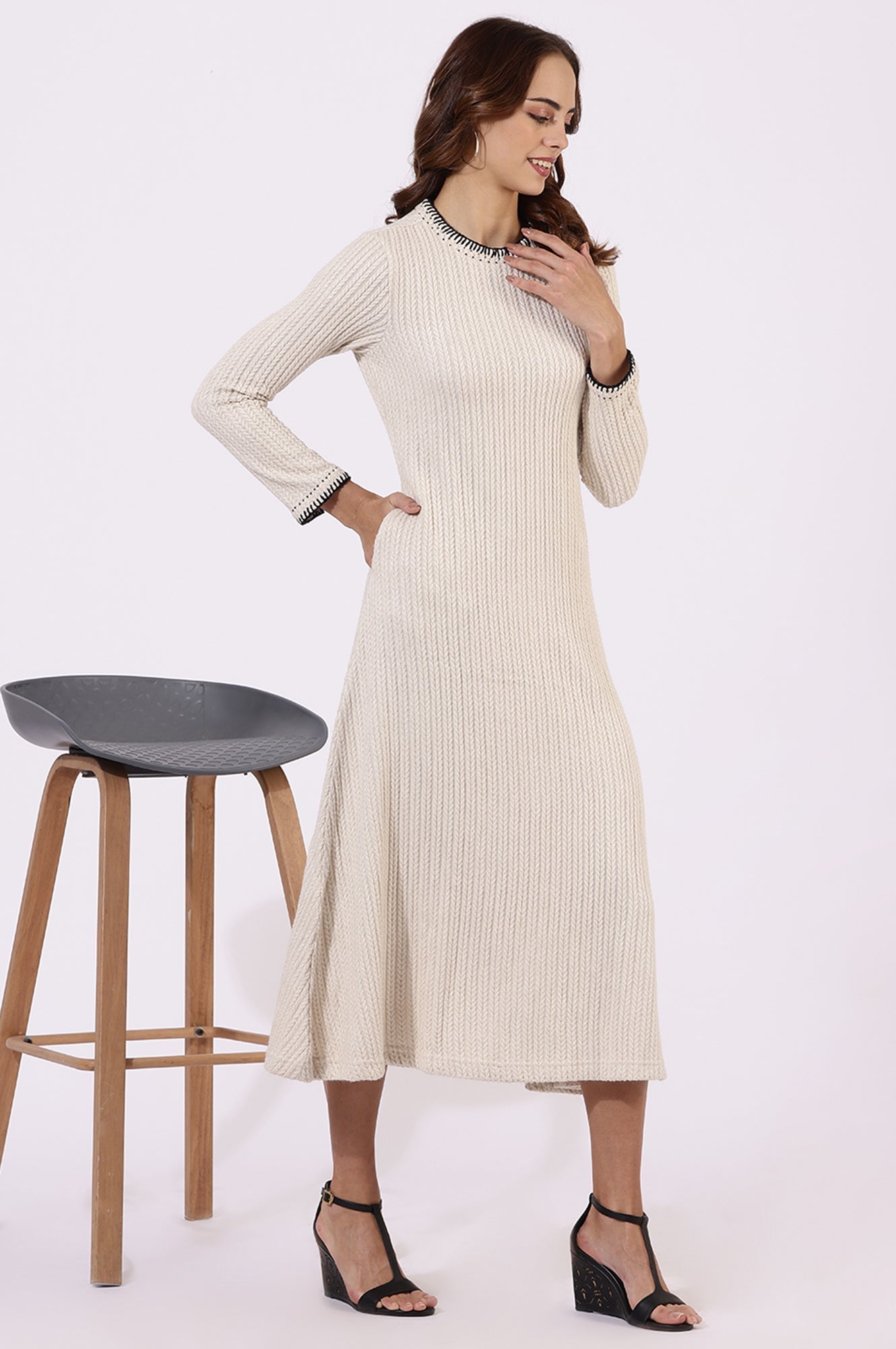 W for Woman White Yarn Dyed Rayon Flarred Dresses