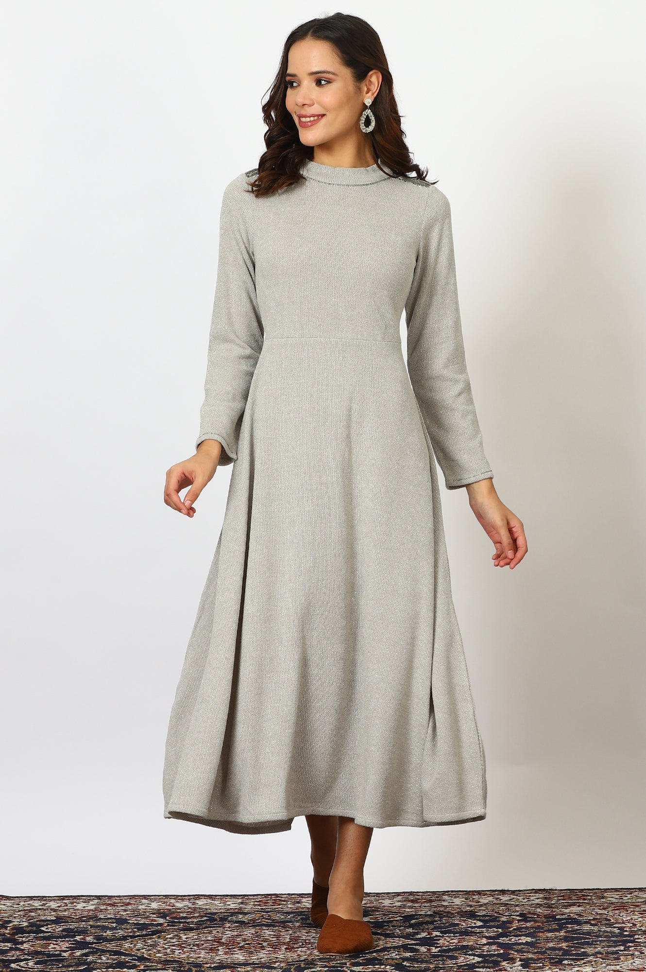 W for Woman Grey Solid Metallic Hardware Flarred Dresses