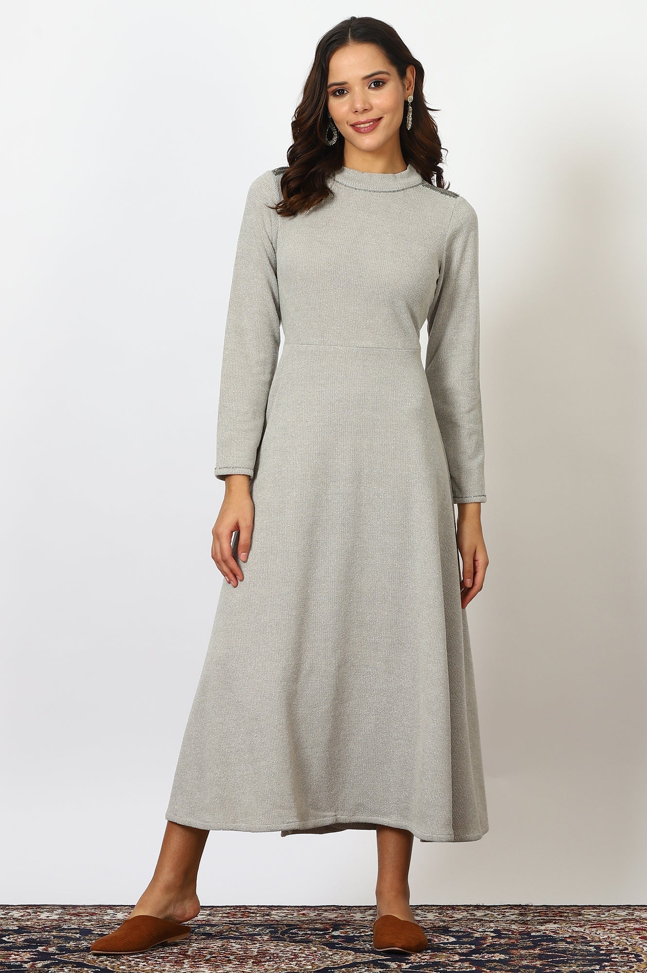 W for Woman Grey Solid Metallic Hardware Flarred Dresses