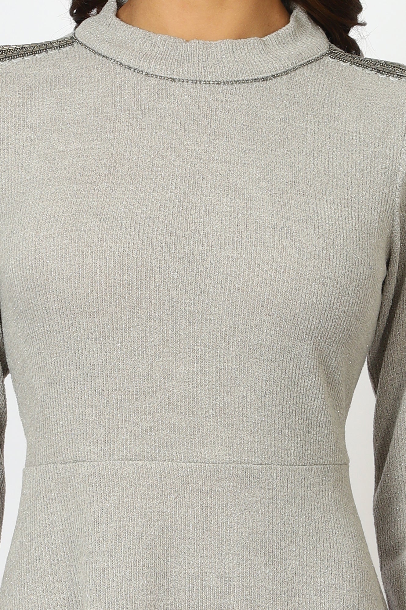 W for Woman Grey Solid Metallic Hardware Flarred Dresses