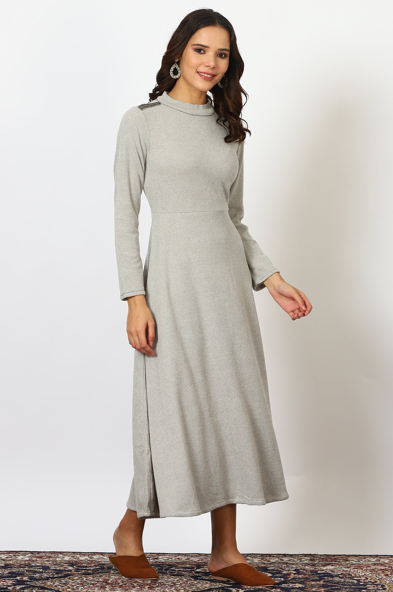 W for Woman Grey Solid Metallic Hardware Flarred Dresses
