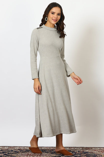 W for Woman Grey Solid Metallic Hardware Flarred Dresses