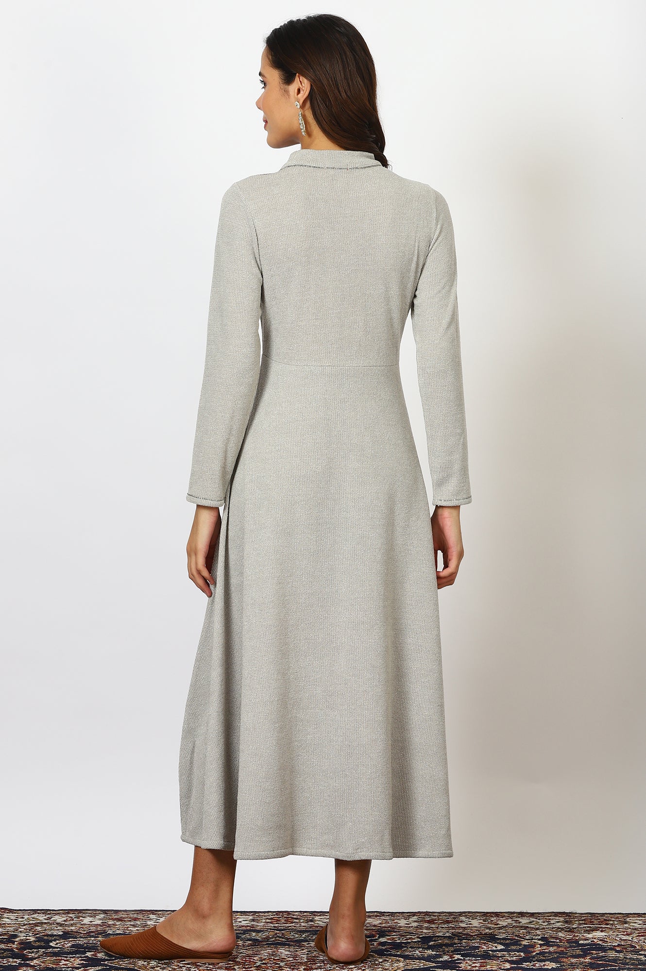 W for Woman Grey Solid Metallic Hardware Flarred Dresses