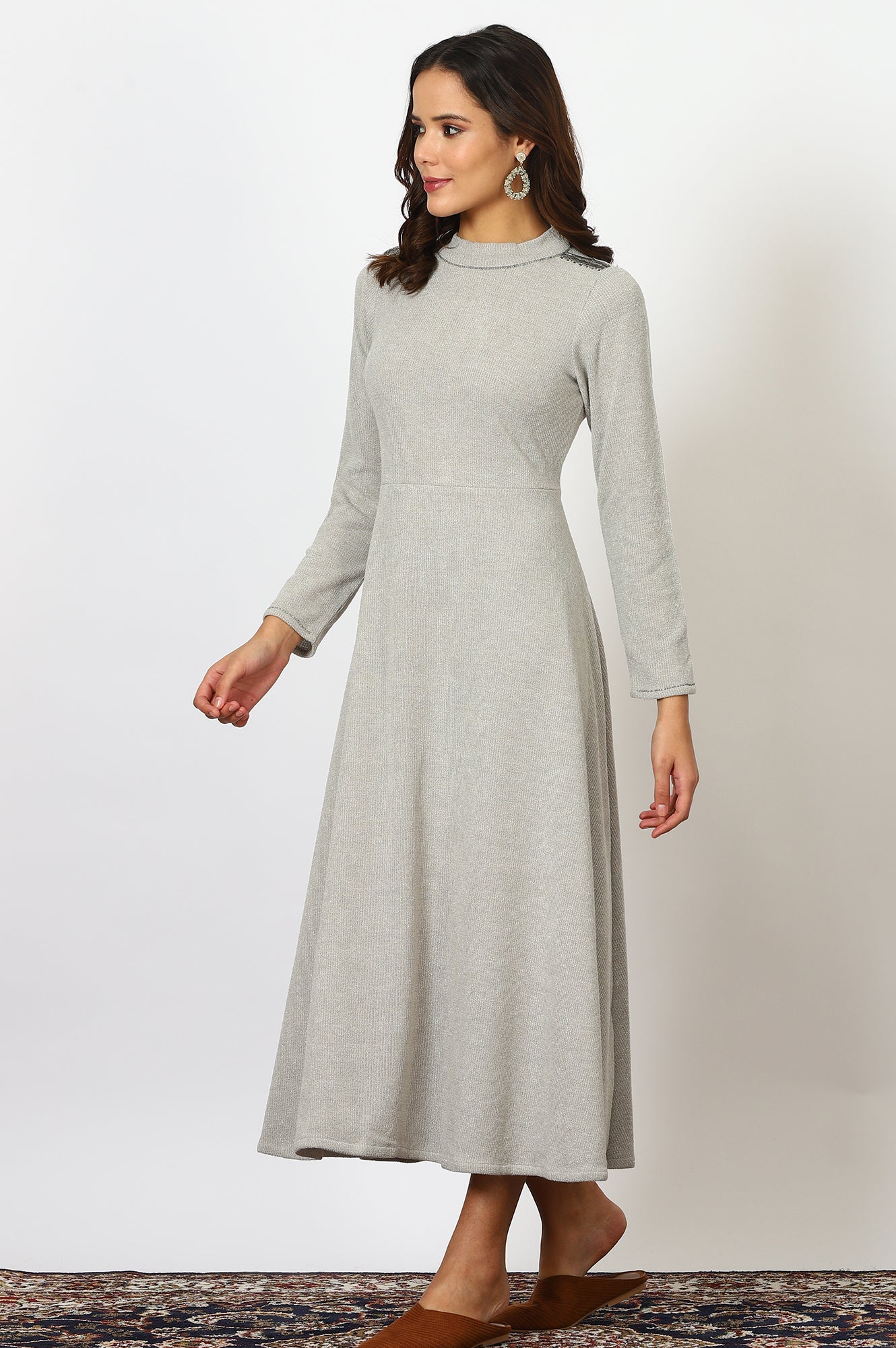 W for Woman Grey Solid Metallic Hardware Flarred Dresses