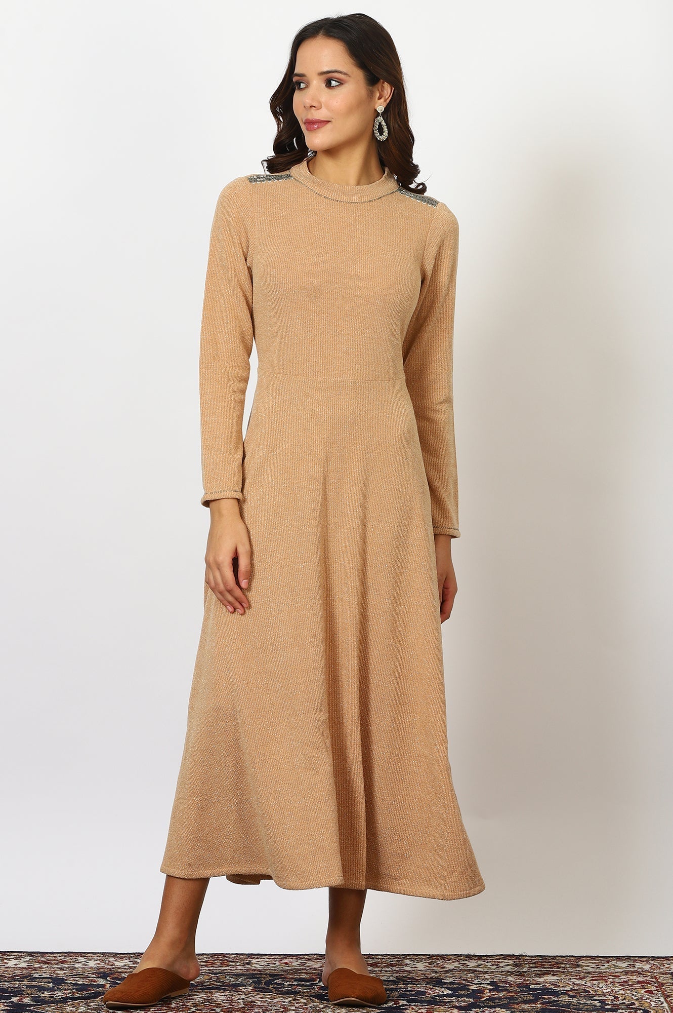 W for Woman Brown Solid Metallic Hardware Flarred Dresses