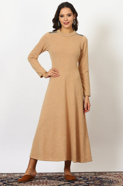W for Woman Brown Solid Metallic Hardware Flarred Dresses