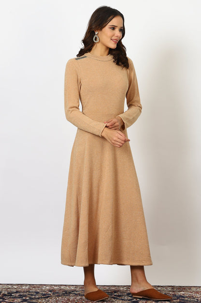 W for Woman Brown Solid Metallic Hardware Flarred Dresses