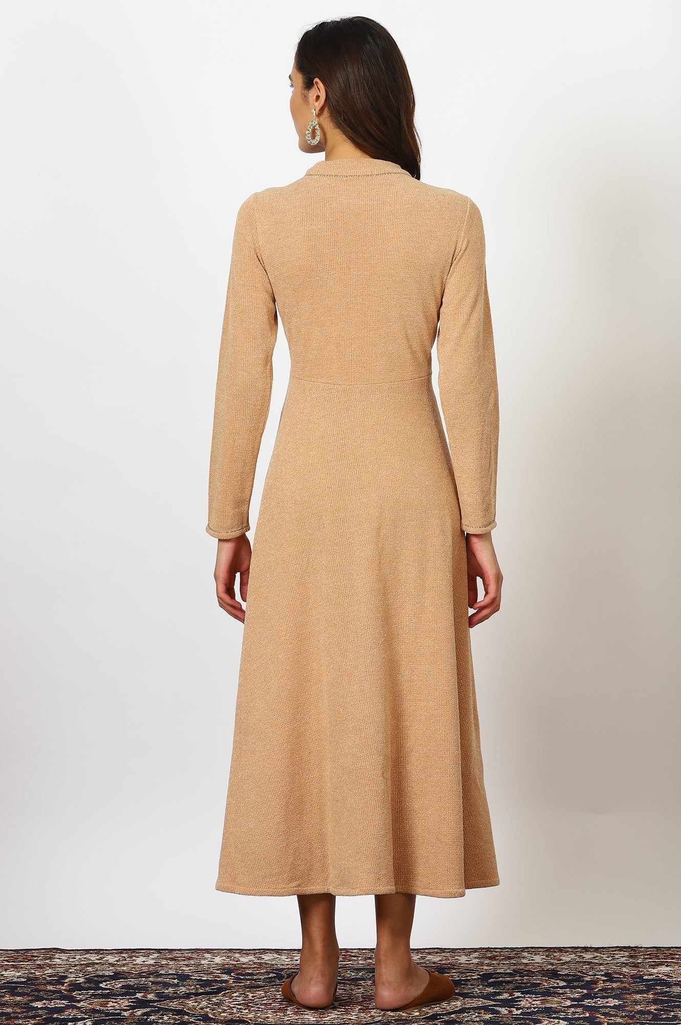 W for Woman Brown Solid Metallic Hardware Flarred Dresses