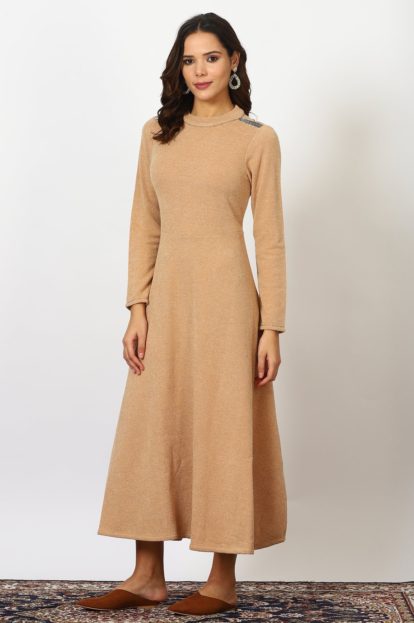 W for Woman Brown Solid Metallic Hardware Flarred Dresses