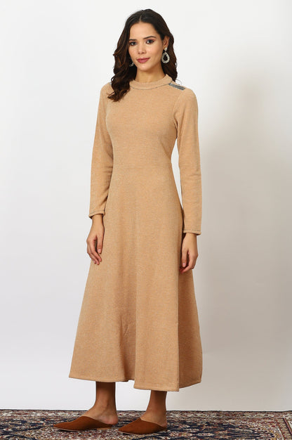 W for Woman Brown Solid Metallic Hardware Flarred Dresses