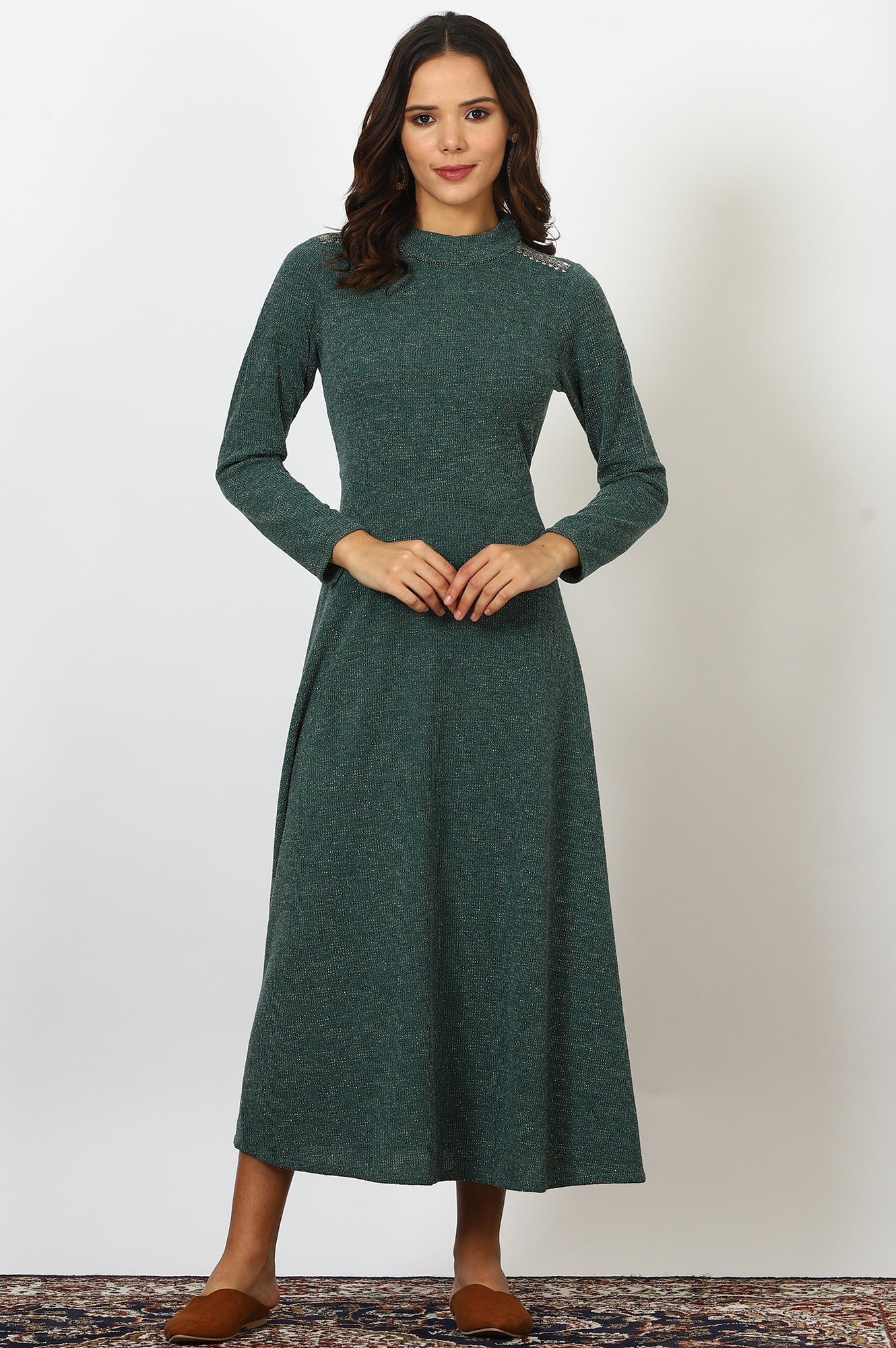 W for Woman Green Solid Metallic Hardware Flarred Dresses