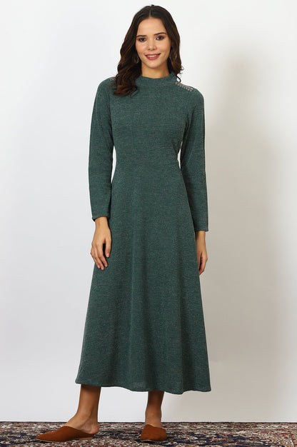 W for Woman Green Solid Metallic Hardware Flarred Dresses