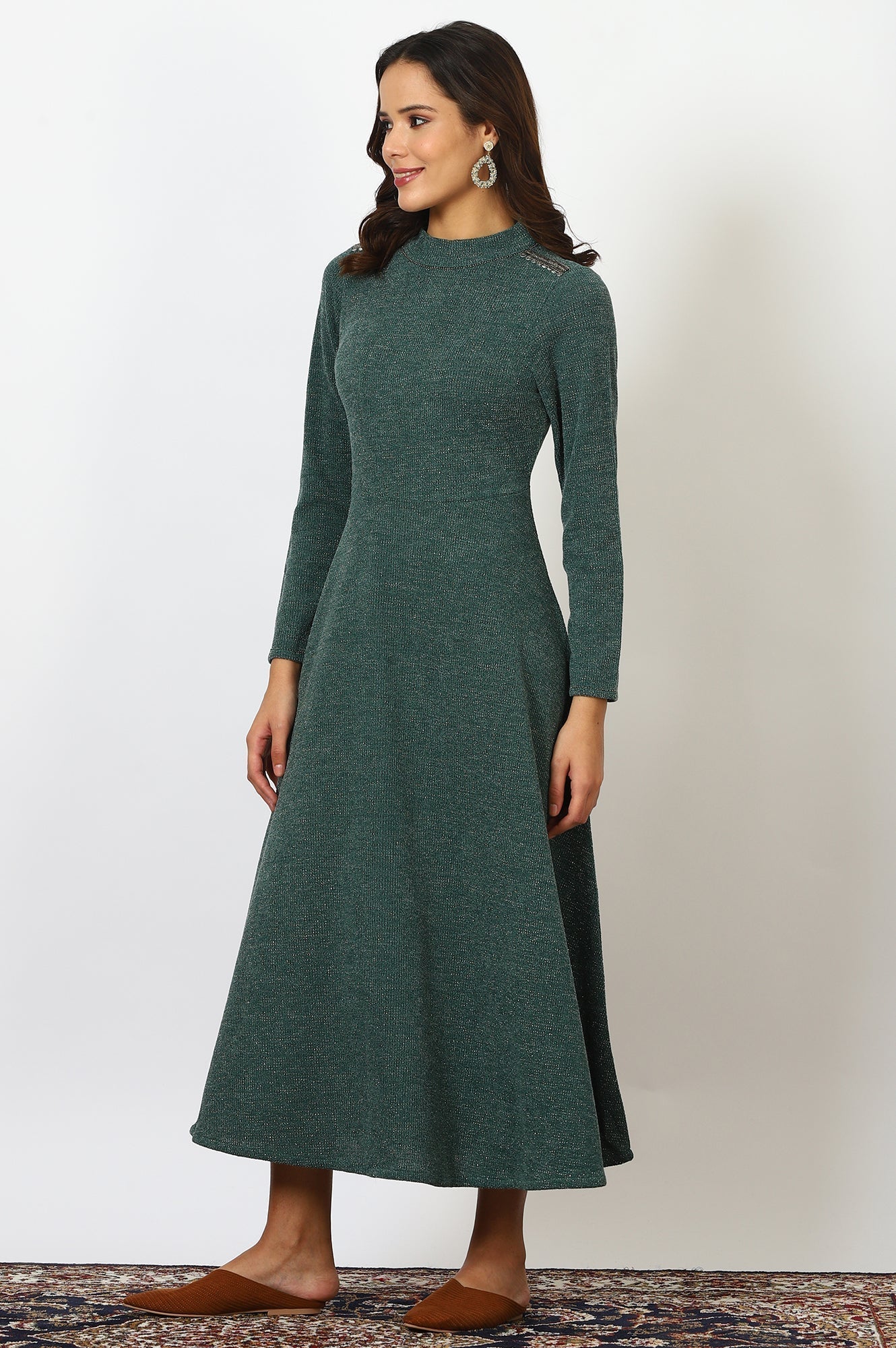 W for Woman Green Solid Metallic Hardware Flarred Dresses