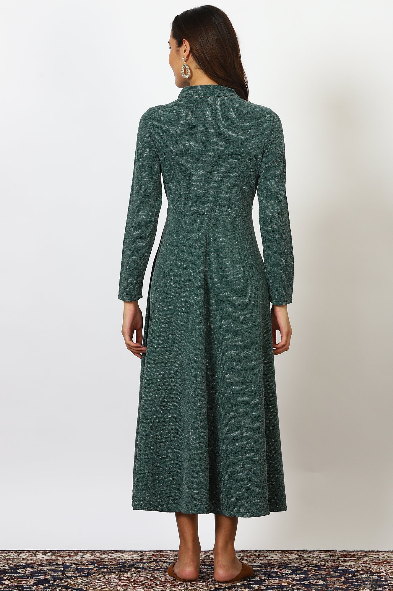 W for Woman Green Solid Metallic Hardware Flarred Dresses