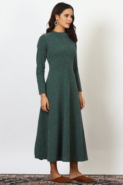 W for Woman Green Solid Metallic Hardware Flarred Dresses