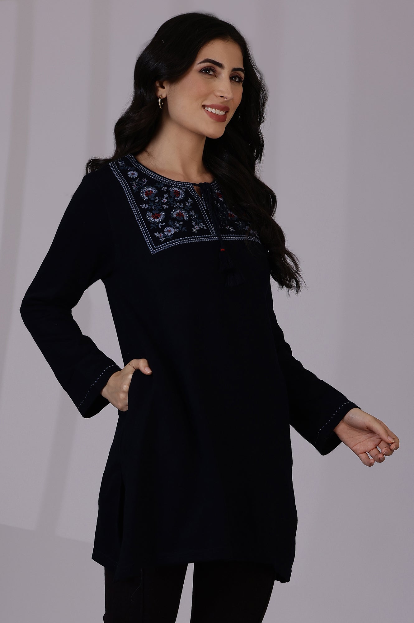 W for Woman Blue Solid Thread Work Acrylic Straight Tunic