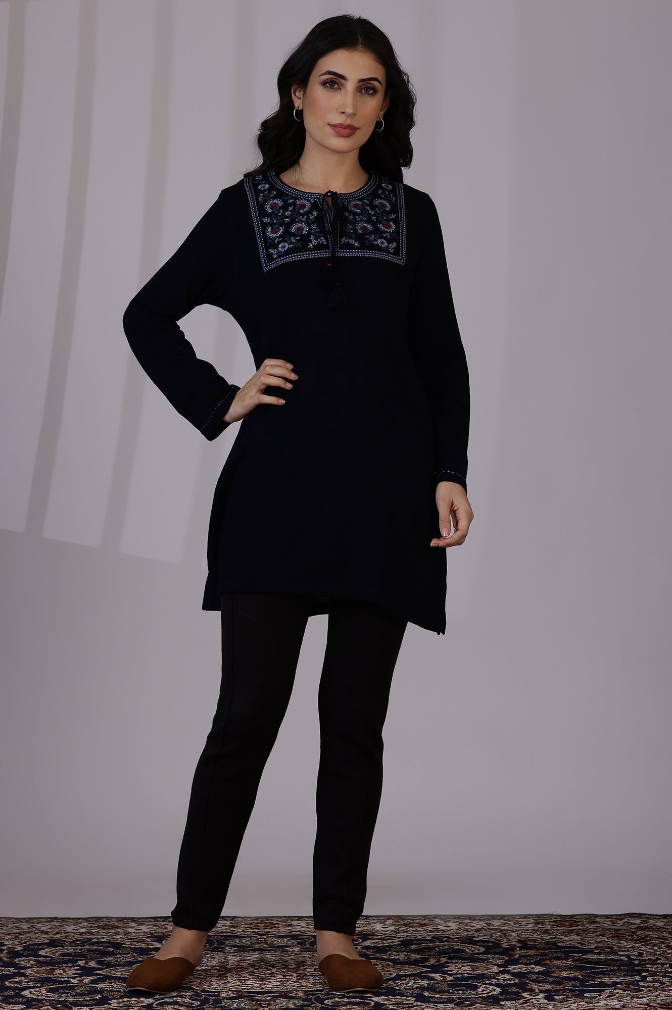 W for Woman Blue Solid Thread Work Acrylic Straight Tunic