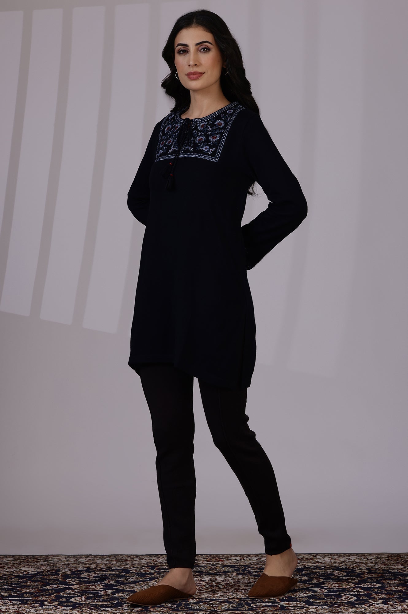 W for Woman Blue Solid Thread Work Acrylic Straight Tunic