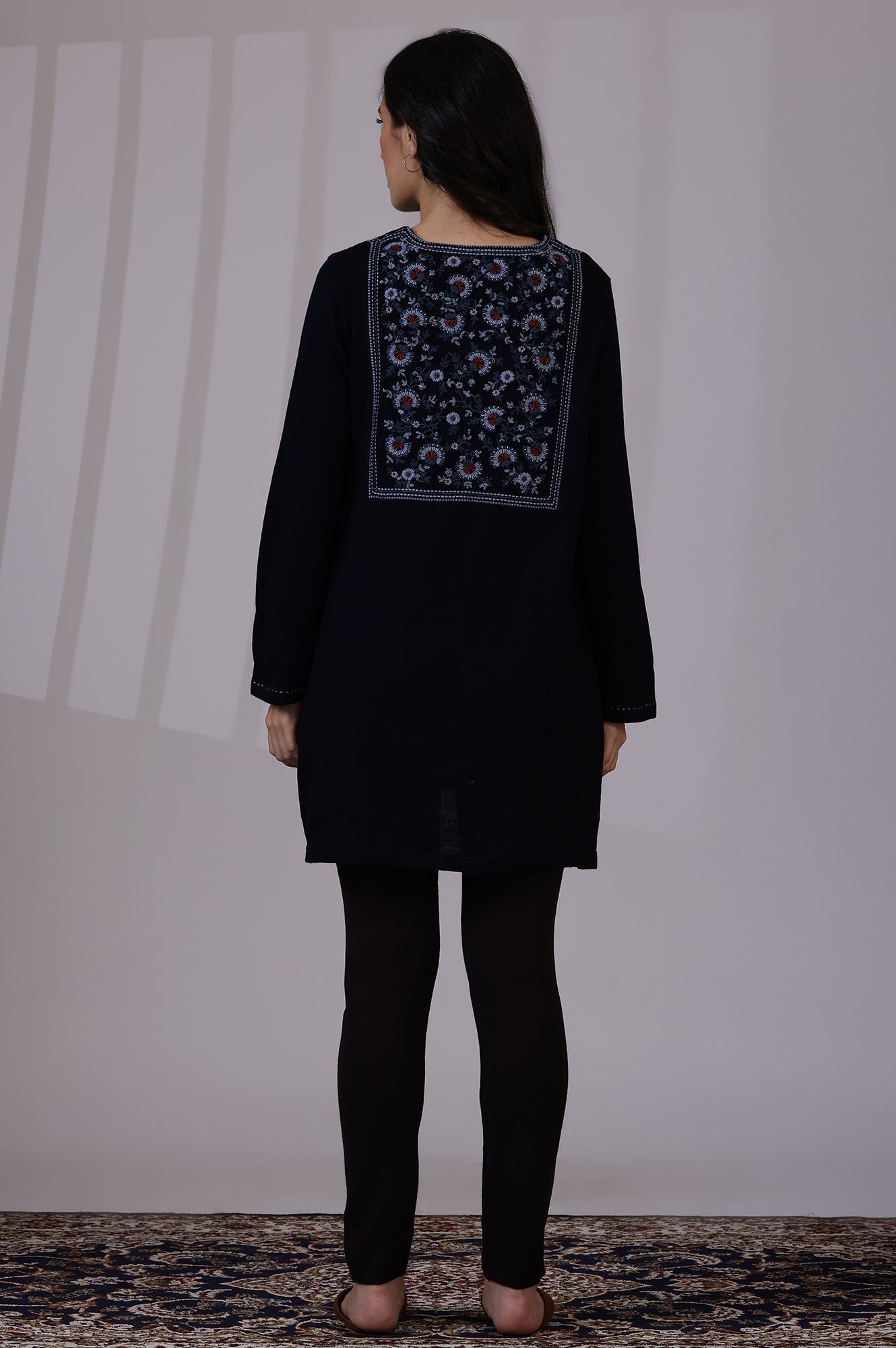W for Woman Blue Solid Thread Work Acrylic Straight Tunic