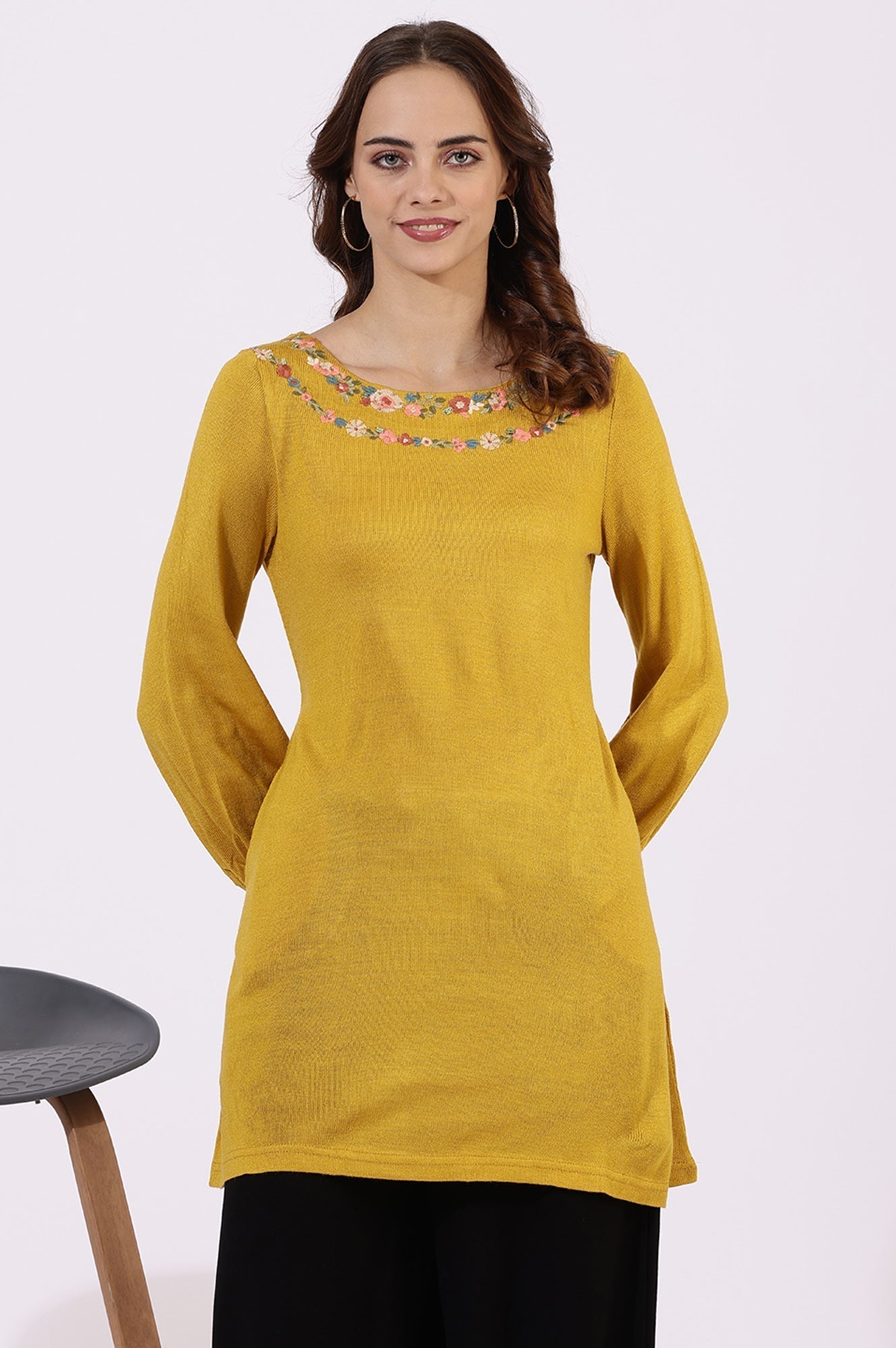 W for Woman Yellow Solid Thread Work Acrylic Straight Tunic
