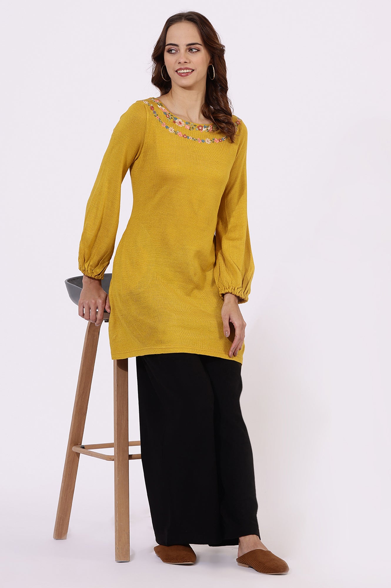 W for Woman Yellow Solid Thread Work Acrylic Straight Tunic