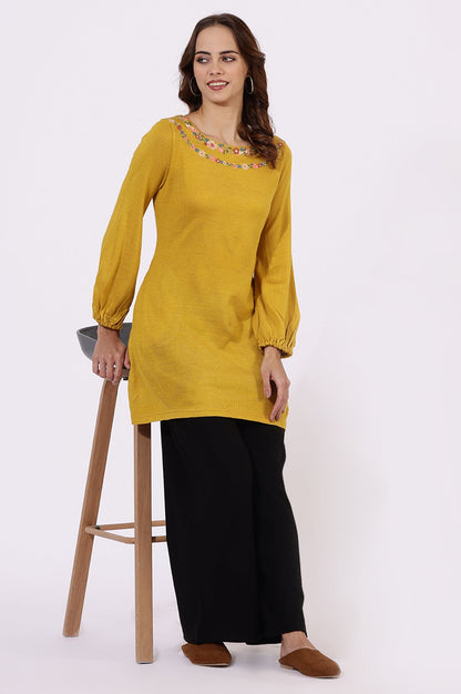 W for Woman Yellow Solid Thread Work Acrylic Straight Tunic