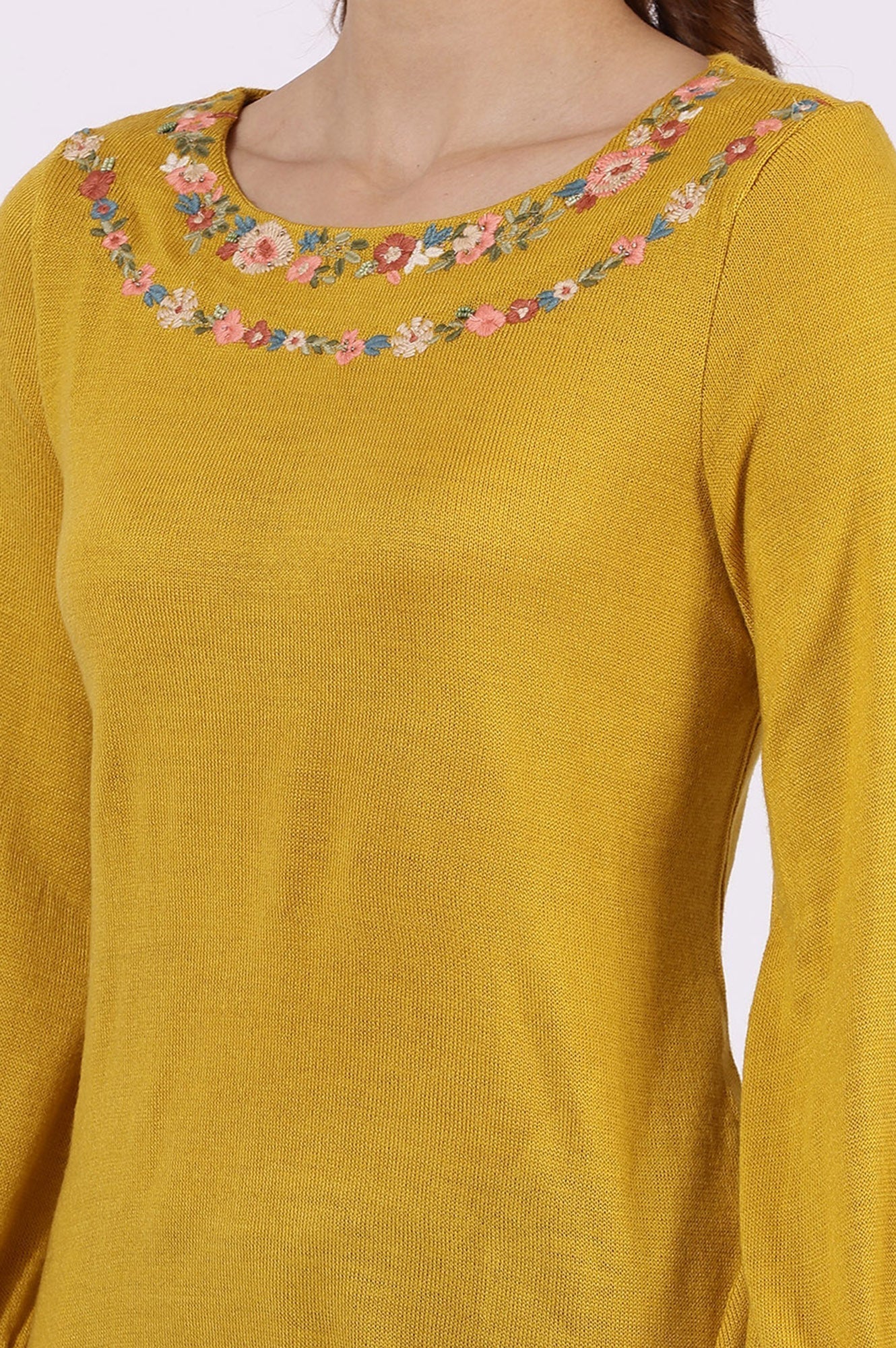 W for Woman Yellow Solid Thread Work Acrylic Straight Tunic