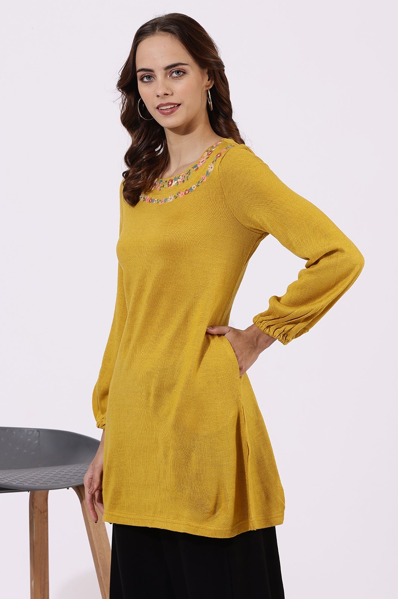 W for Woman Yellow Solid Thread Work Acrylic Straight Tunic