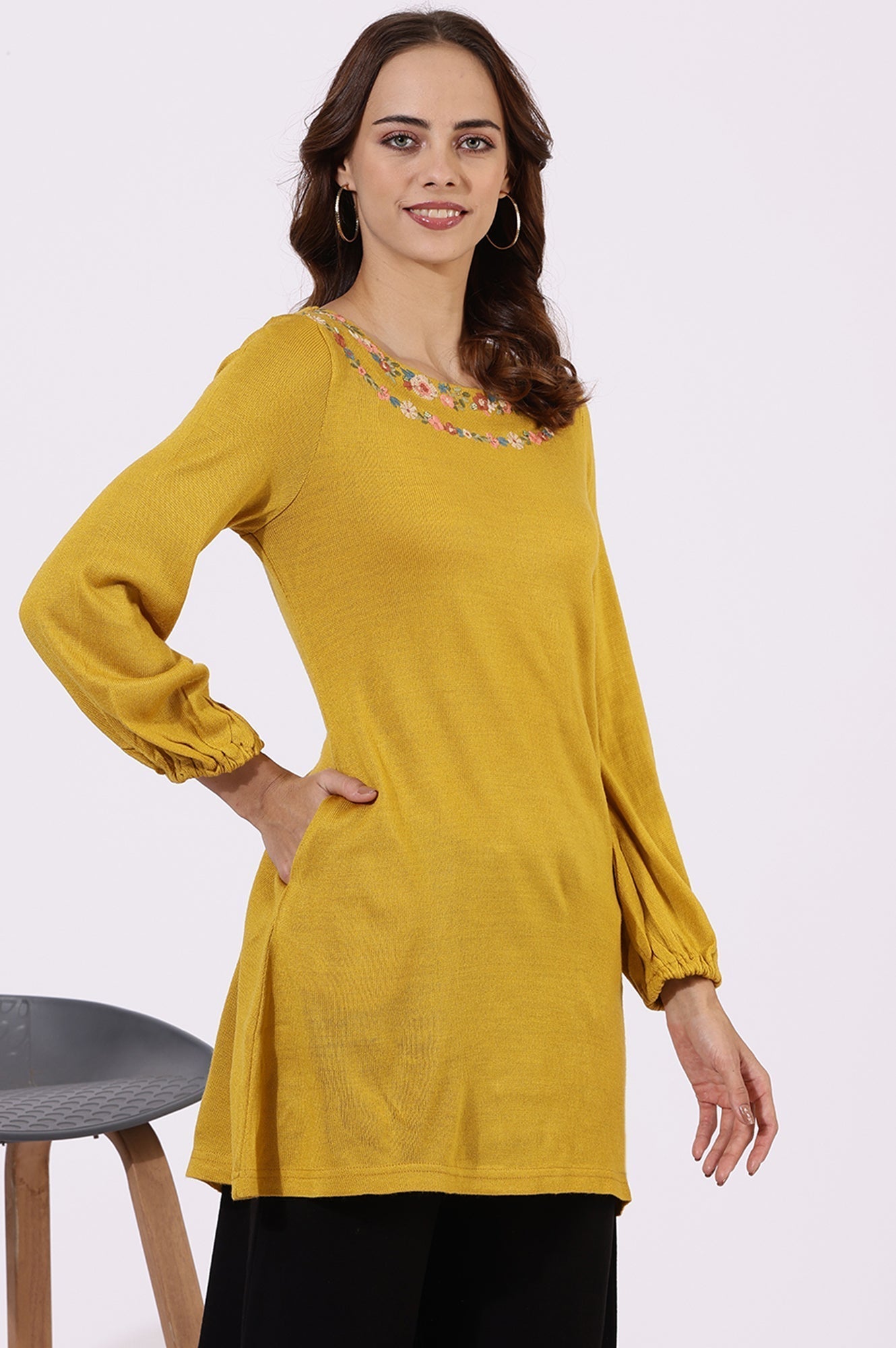 W for Woman Yellow Solid Thread Work Acrylic Straight Tunic
