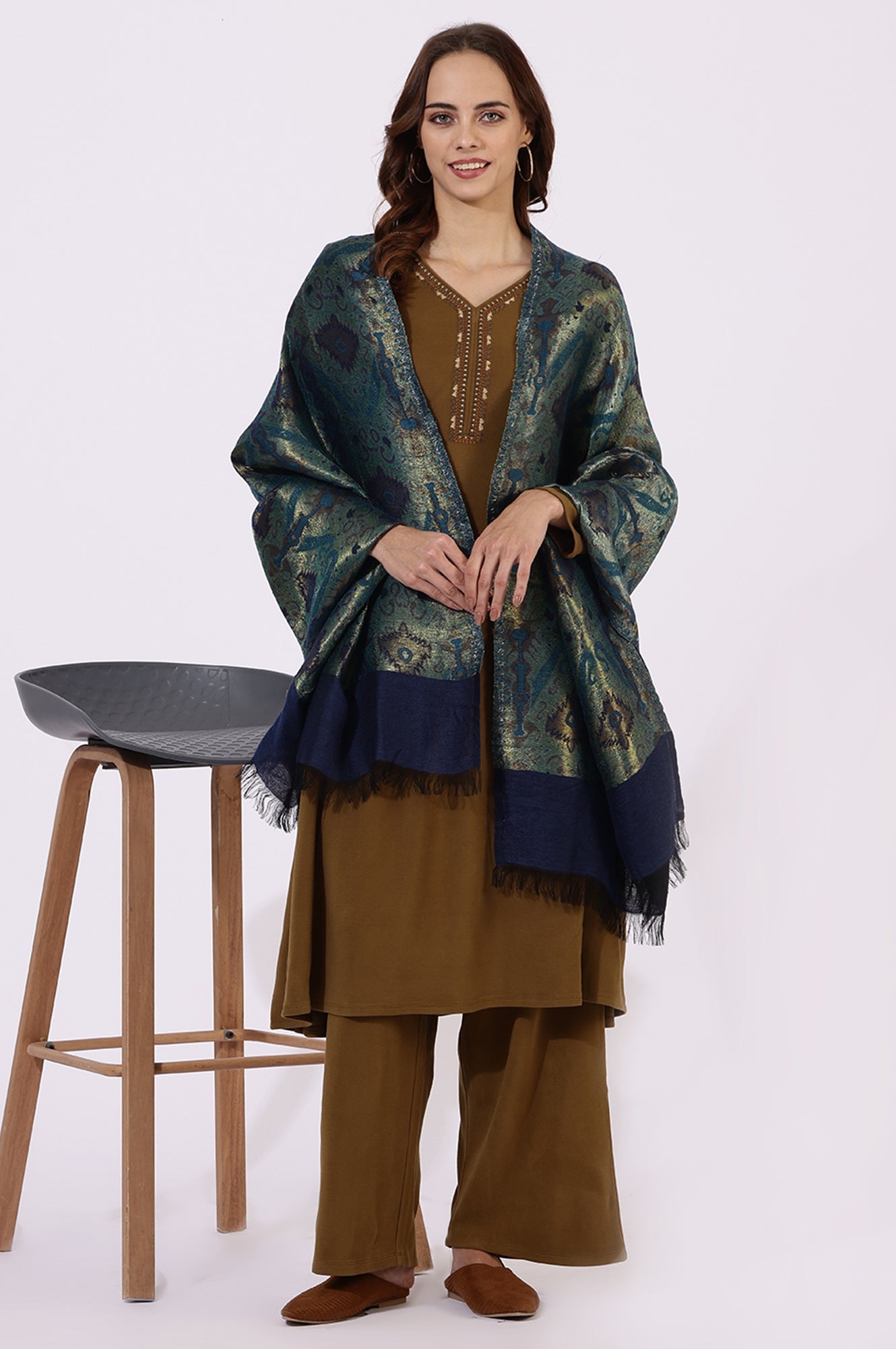 W for Woman Blue Yarn Dyed Shawls & Stole