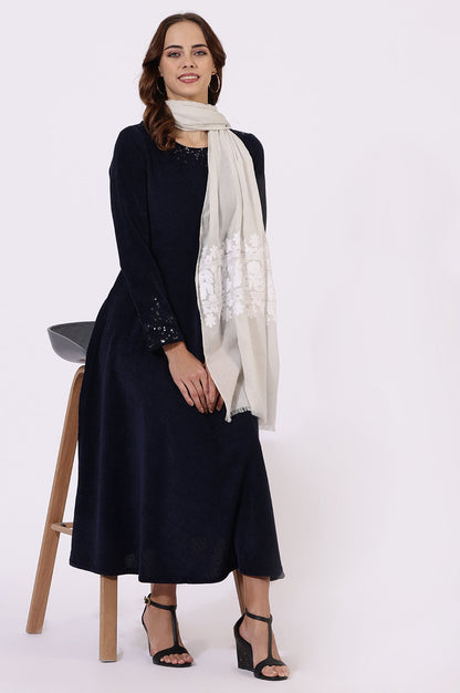 W for Woman White Printed Thread Work Pure Cotton Shawls & Stole