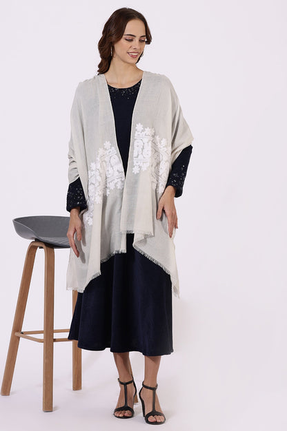 W for Woman White Printed Thread Work Pure Cotton Shawls & Stole