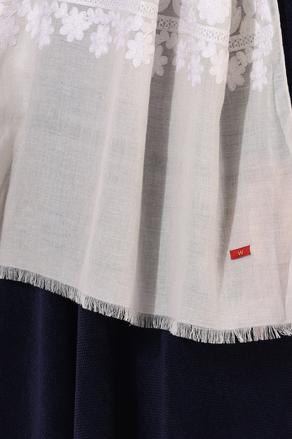 W for Woman White Printed Thread Work Pure Cotton Shawls & Stole