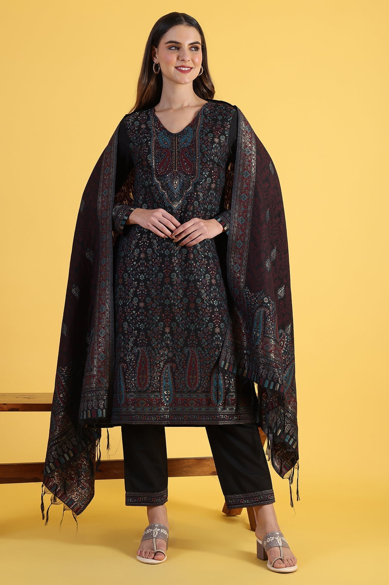 W for Woman Black Yarn Dyed Sequins A-Line Kurta & Straight pant with Dupatta Set
