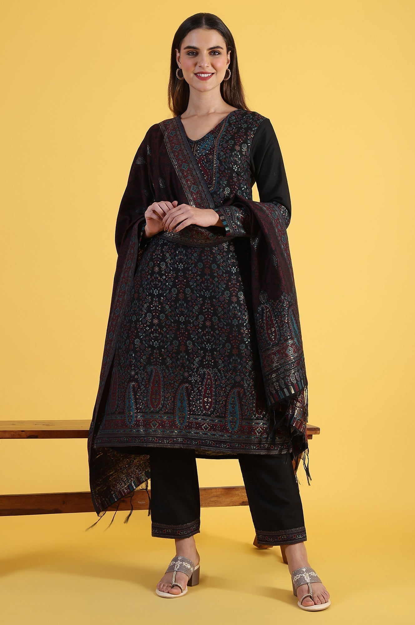 W for Woman Black Yarn Dyed Sequins A-Line Kurta & Straight pant with Dupatta Set