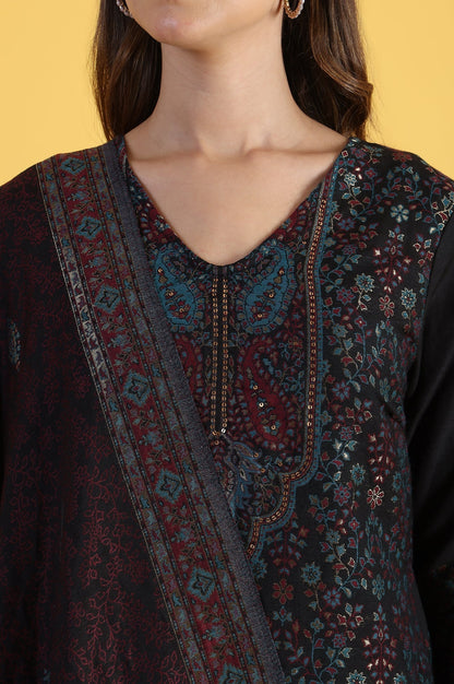 W for Woman Black Yarn Dyed Sequins A-Line Kurta & Straight pant with Dupatta Set