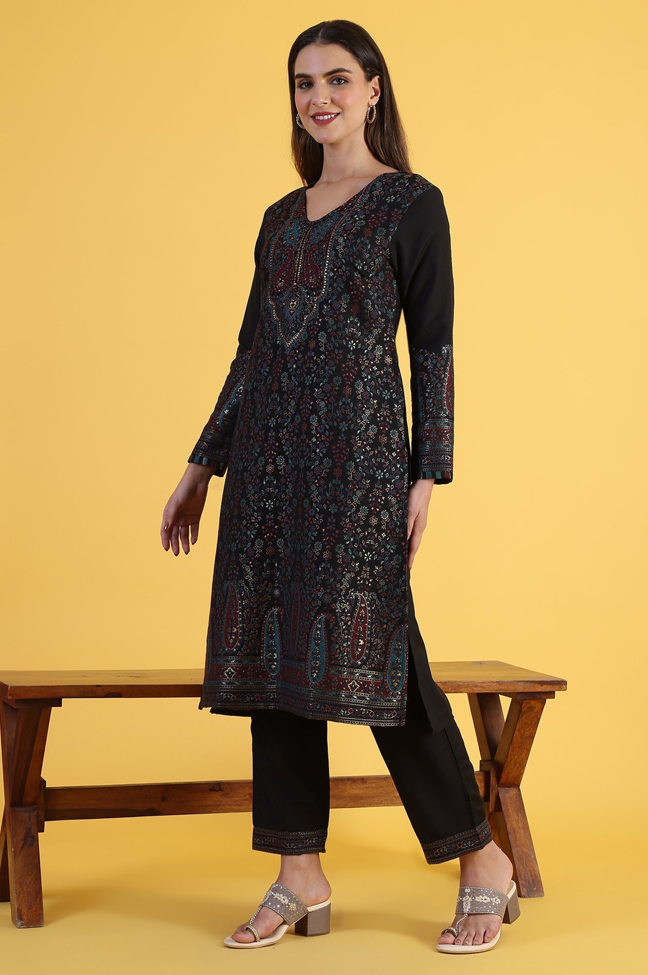 W for Woman Black Yarn Dyed Sequins A-Line Kurta & Straight pant with Dupatta Set