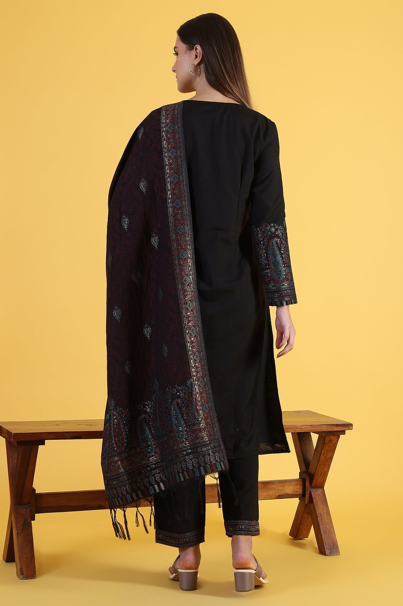 W for Woman Black Yarn Dyed Sequins A-Line Kurta & Straight pant with Dupatta Set