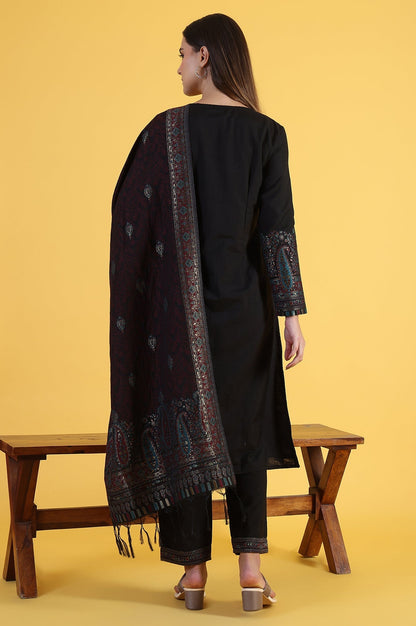 W for Woman Black Yarn Dyed Sequins A-Line Kurta & Straight pant with Dupatta Set