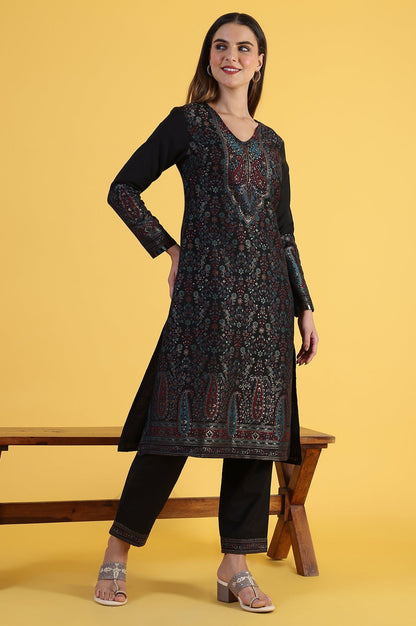 W for Woman Black Yarn Dyed Sequins A-Line Kurta & Straight pant with Dupatta Set