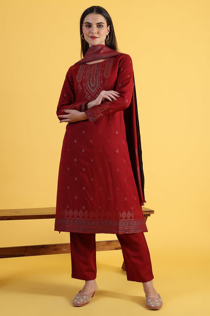 W for Woman Red Yarn Dyed Sequins A-Line Kurta & Straight pant with Dupatta Set