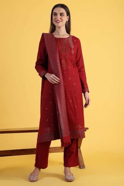 W for Woman Red Yarn Dyed Sequins A-Line Kurta & Straight pant with Dupatta Set