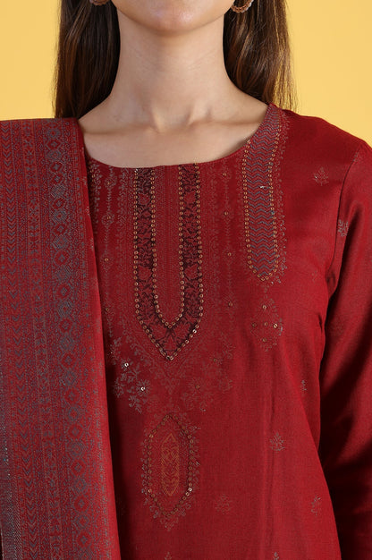 W for Woman Red Yarn Dyed Sequins A-Line Kurta & Straight pant with Dupatta Set