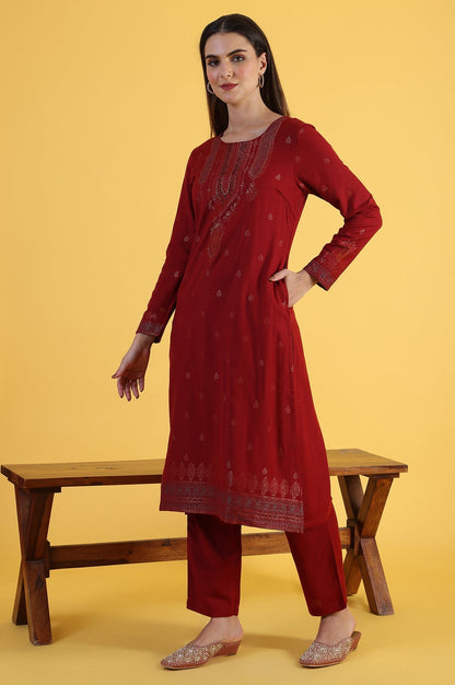 W for Woman Red Yarn Dyed Sequins A-Line Kurta & Straight pant with Dupatta Set